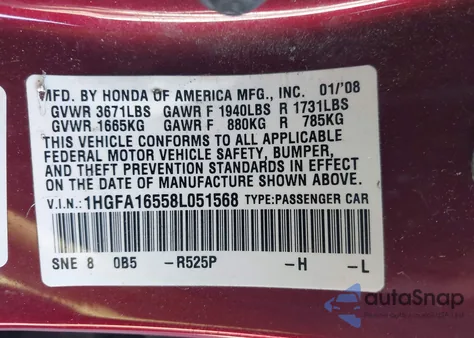 2008 Honda Civic Lx from USA, damaged, VIN 1HGFA16558L051568